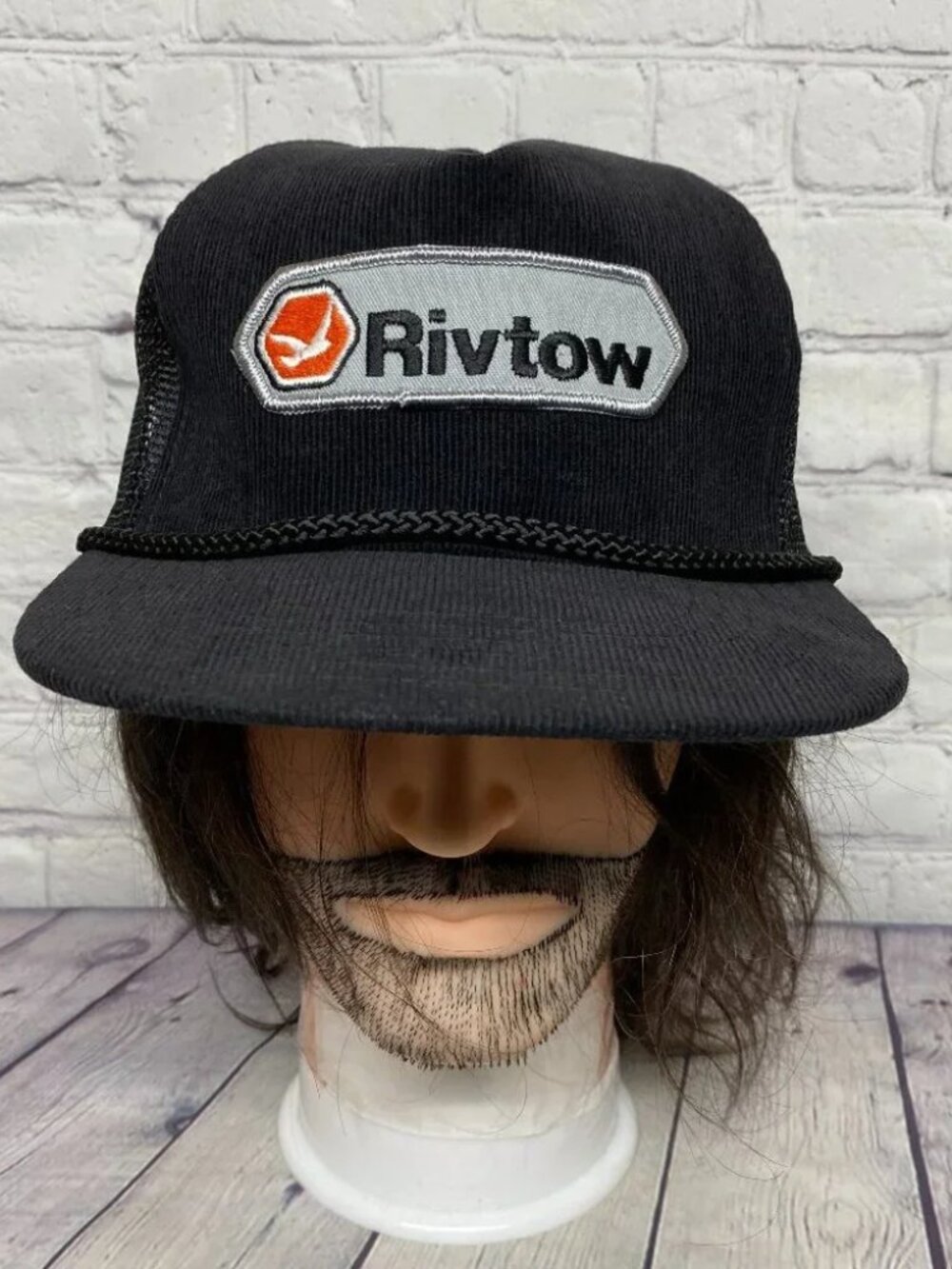 Vintage Trucker Hat Mesh Cap Snapback Black Corduroy Rope RIVTOW